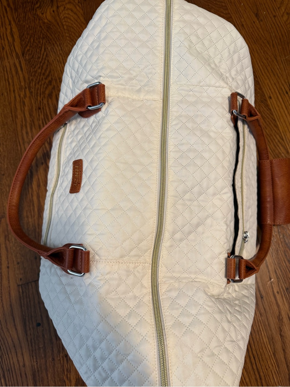 Quilted Cream “Itiezy” Duffle Bag with Brown Handles